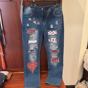 VALENTINES SPECIAL ❤️❤️❤️ Stylish Blue Jeans with Red Heart Accents